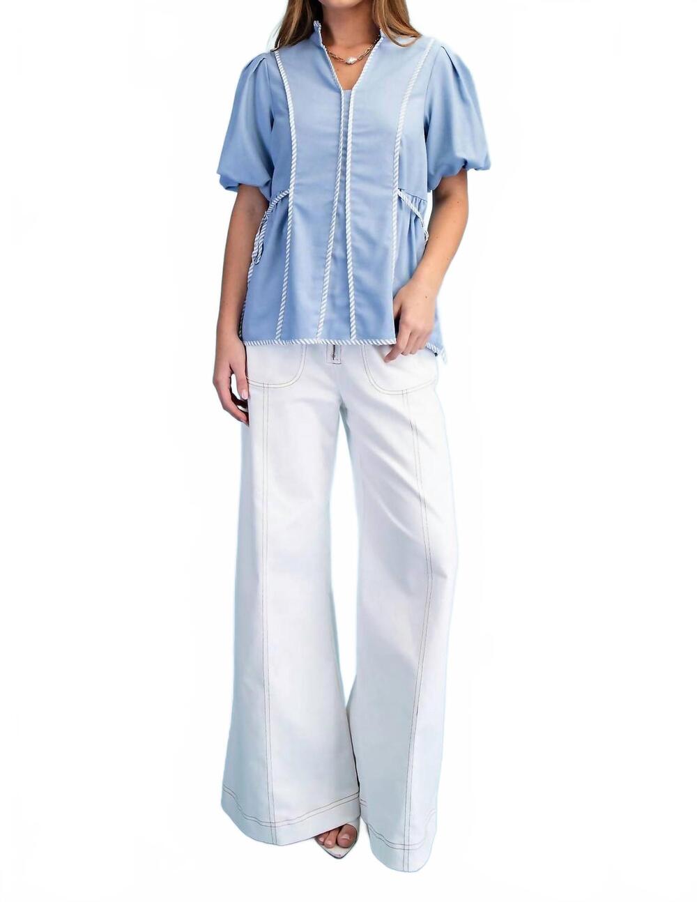 NEW GIGIO linen blouse with striped binding details in blue